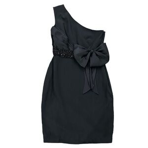 Marchesa Notte black silk asymmetrical dress with bow detail